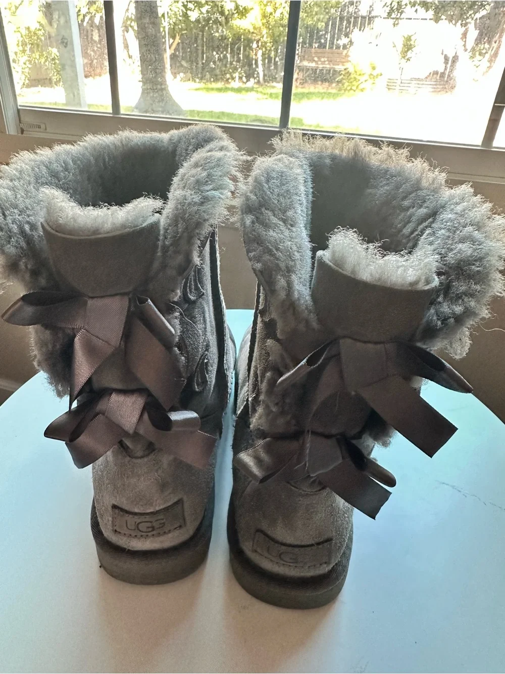 UGG Women's Gray Suede Shearling Winter Boots with Back Bow